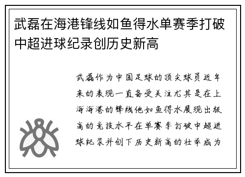 武磊在海港锋线如鱼得水单赛季打破中超进球纪录创历史新高 武磊在海港锋线如鱼得水单赛季打破中超进球纪录创历史新高